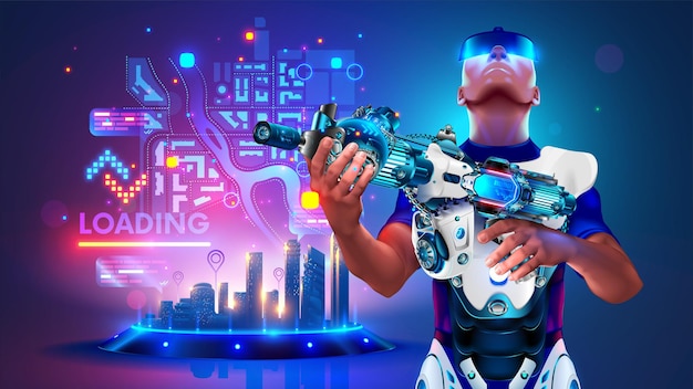 Computer player with a gun in virtual reality VR online game interface with map of level Player got ready to play in VR shooter Virtual reality glasses and virtual armor on computer video gamer