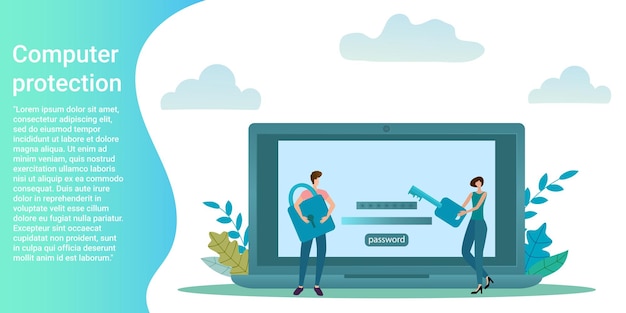 computer protection people on the background of a laptop with an access code