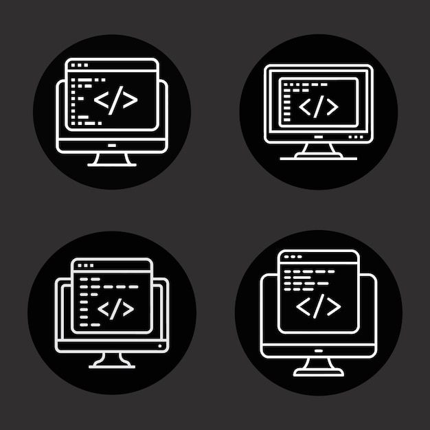 Computer Screen Coding Icons in Black Circles monitor programming