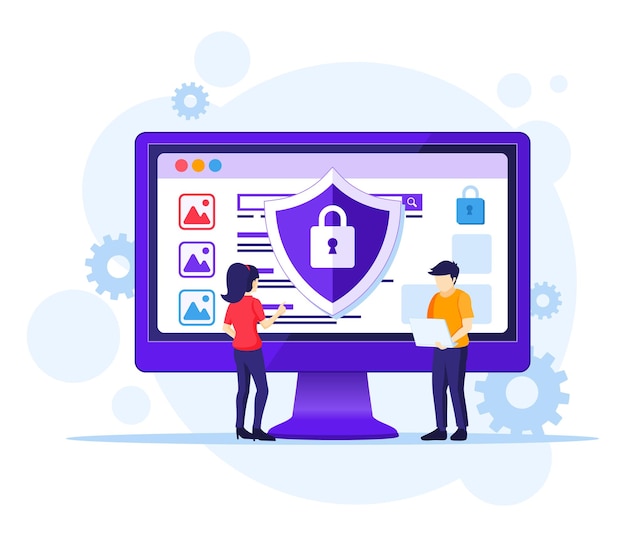 Computer Security concept, People work on screen protecting data and files.