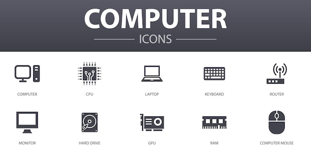 Computer simple concept icons set. Contains such icons as CPU, Laptop, Keyboard, hard drive and more, can be used for web, logo, UI/UX