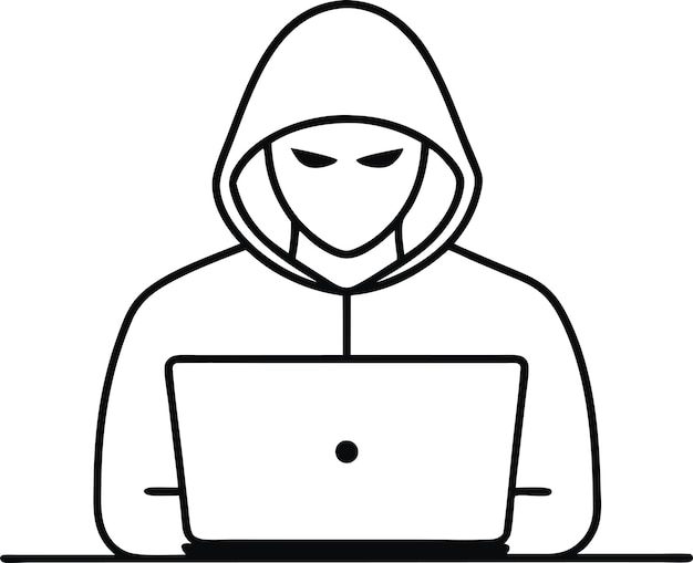 Computer Single line drawing of a computer hacker stereotype in a line art vector illustration