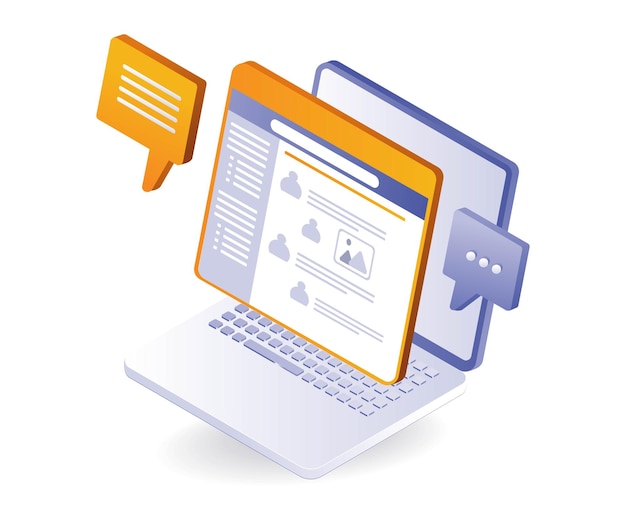 Computer social media marketing technology isometric illustration