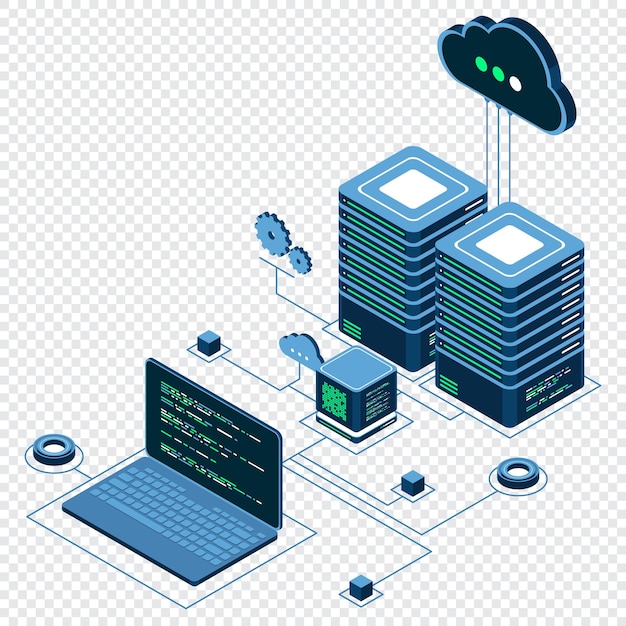 Computer technology isometric illustration Computation of big data center Cloud computing Online devices upload and download information Isometric technology