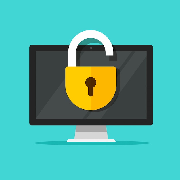 Computer unlocked or laptop with open padlock on display  illustration flat cartoon