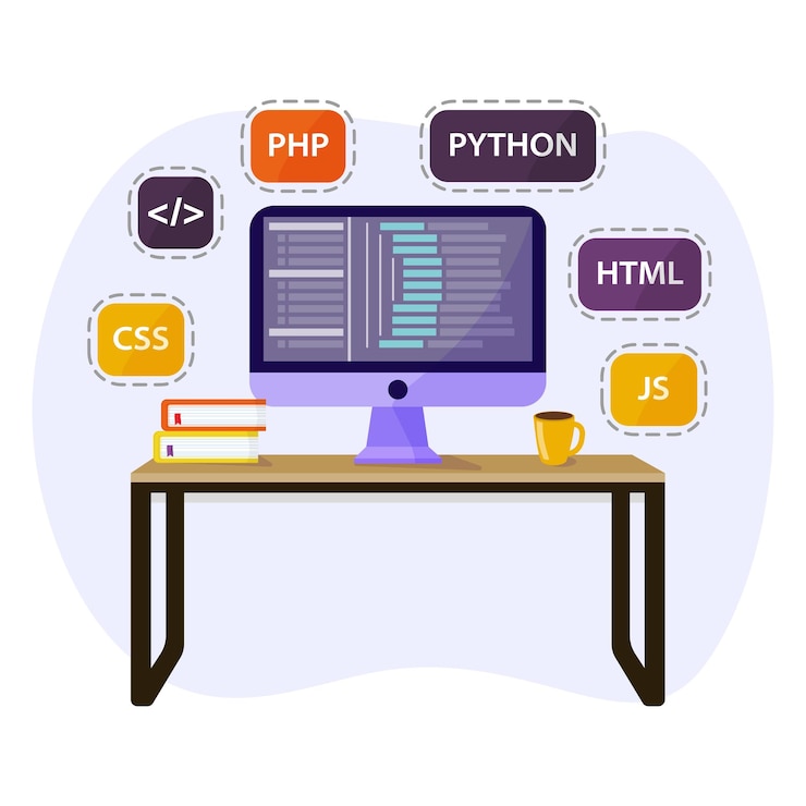 Vector computer with code on the screen coding at home concept flat illustration