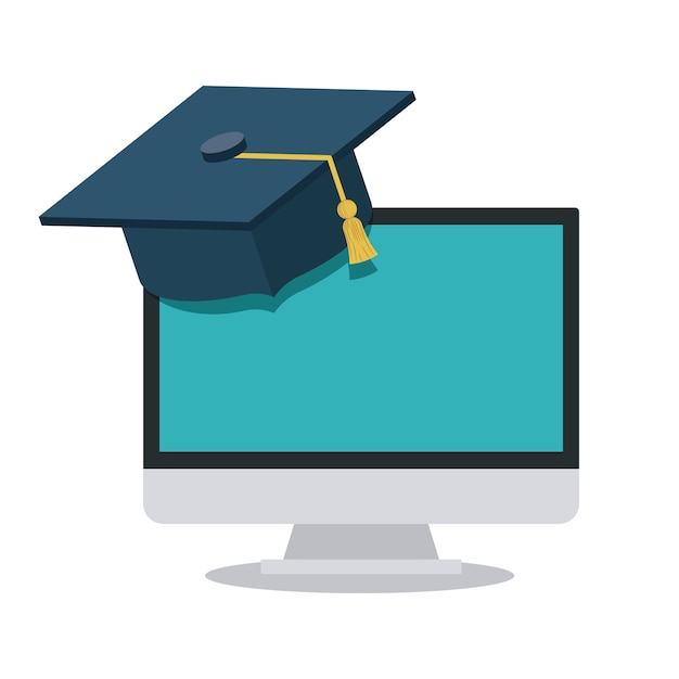 computer with graduation hat isolated icon 