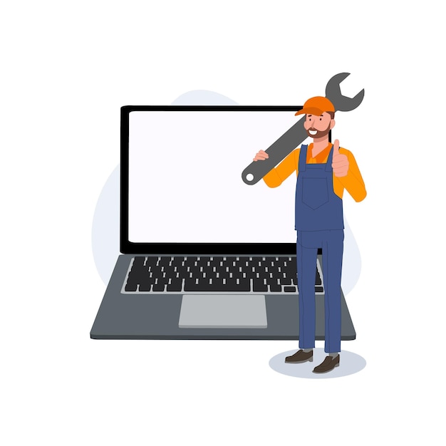 computerlaptop repair service concept huge laptop and happy technician man flat vector cartoon character illustration