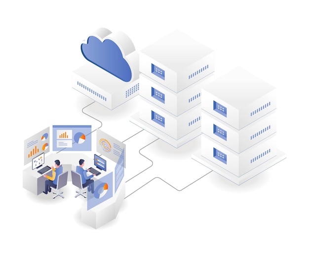 concept flat isometric illustration central server data analysis platform