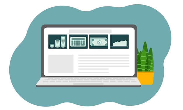 concept for online business, investment. laptop with a website, around the money icon, charts, calculator, dollar symbol