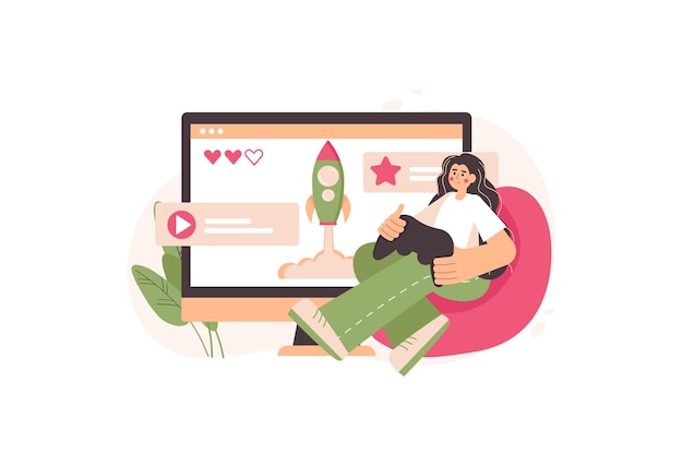 Concept Gaming with people scene in the flat cartoon style Girl play computer games with a game pad