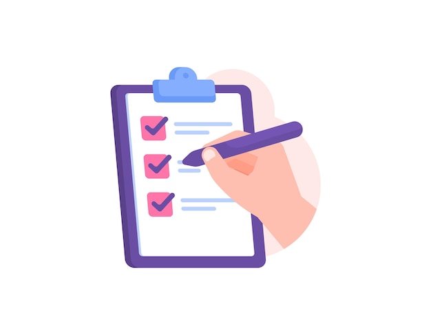 concept illustration of a hand using a pen to fill in or tick a questionnaire form