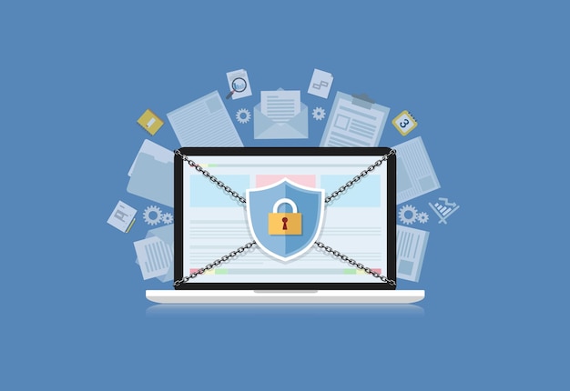 Concept is data security Center Shield on Computer Laptop protect sensitive data Internet security Vector Illustration