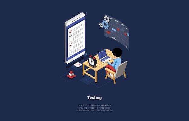 Concept Of App Testing Mobile application development process Software API prototyping Graphic Design Mobile app Building Software Test Engineer An Workplace Isometric 3D Vector Illustration