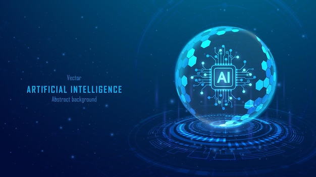 Concept of artificial Intelligence and security Protection shield with AI chipset icon inside a transparent sphere shield with hexagon pattern on digital glowing background vector illustration
