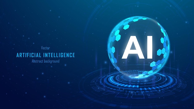 Concept of artificial Intelligence and security Protection shield with AI logotype icon inside a transparent sphere shield with hexagon pattern on digital glowing background vector illustration