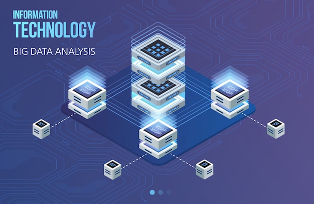 Concept of big data processing, Isometric data center, vector information processing and storage. Creative illustration with abstract geometric elements.
