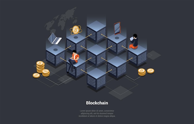 Concept Of Blockchain And Cryptocurrency Team Working on Blockchain Technology Crypto Transaction Search Engine Connecting a Large Cube Future Technology Isometric 3D Cartoon Vector Illustration