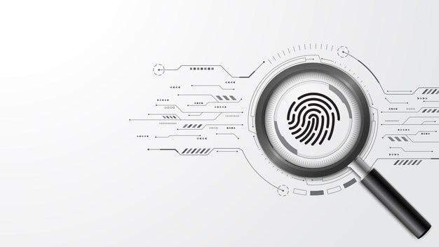 Concept of data privacy and security Magnifying glass looking at fingerprints on a circuit background Fingerprint and biometric authentication for cybersecurity and passwords Vector illustration