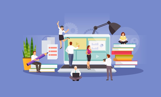 concept of e-learning, online education, business training. learning people. vector illustration