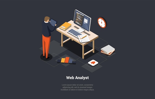 Concept Of Testing Data Analysis And Science Debugging SEO Web Analyst Man Marketer Analyzing Data And Diagram In Front Of Computer With Tablet In Office Isometric 3d Cartoon Vector Illustration