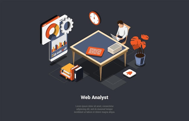 Concept Of Testing Data Analysis Debugging SEO Web Analyst Man Marketer Analyzing Data And Diagram On Mobile Phone Analytic Business And Reporting Data Isometric 3d Cartoon Vector Illustration