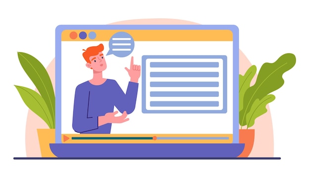 Concept of webinar distance learning lessons on internet man on screen tells information remote