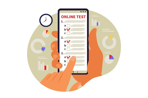 concept online testing, e-learning, examination on phone. vector illustration. flat