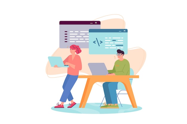 concept software developers with people scene in the flat cartoon design two programmers are testing
