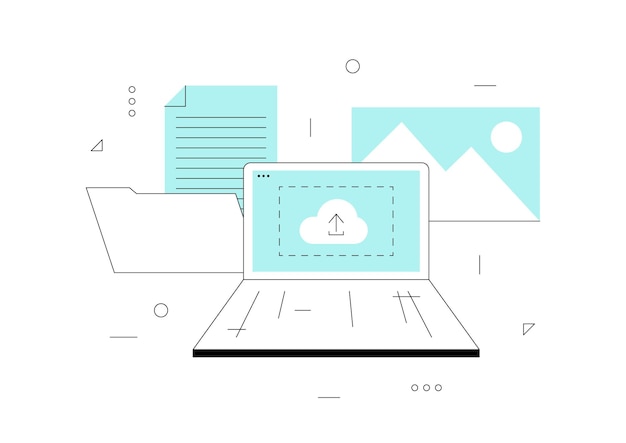 Concept upload illustration for web page Cloud upload icon on computer screen