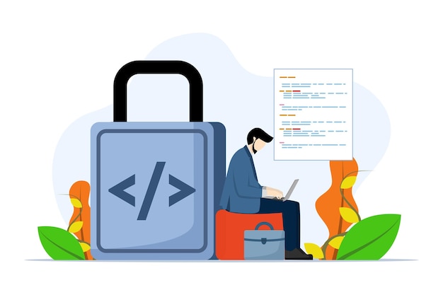 concept vector illustration of software programmer working to open lock with coding symbols