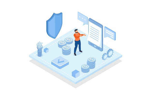 Conceptual template with man looking at paper invoice laying on smartphone. Scene for electronic