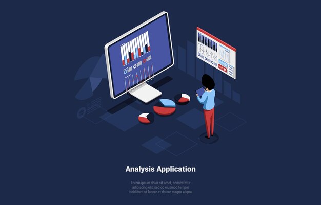 Conceptual Vector Illustration With Text And Characters. Isometric Composition In Cartoon 3D Style. Analysis Application, Financial Management Online Program Or Mobile App With Graphs And Diagrams.