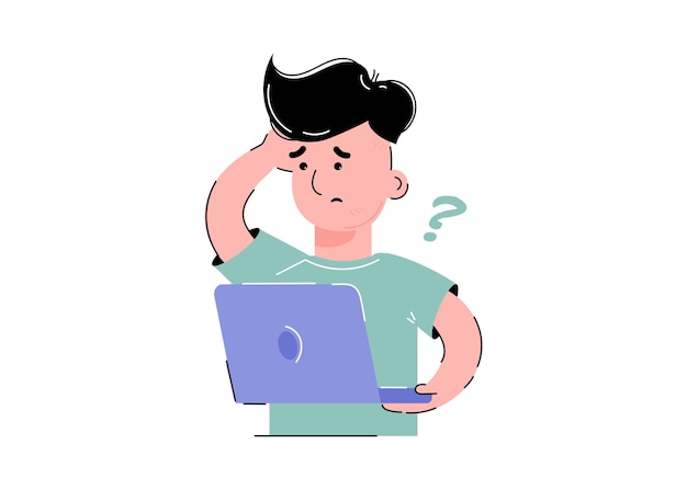 Confused guy with a laptop Isolated on white background Trendy flat vector