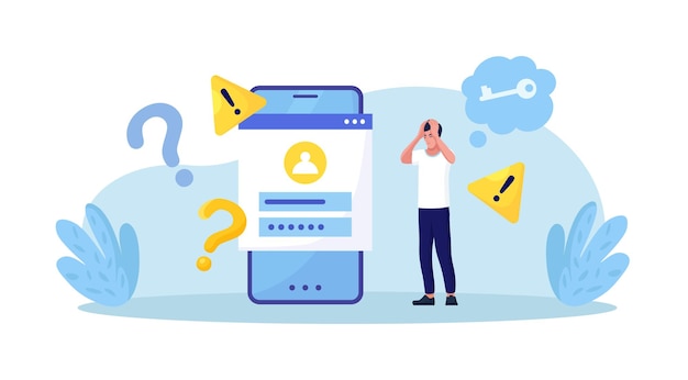 Confused man forgetting her password for web page User assistance and password reset services Person who forgot his personal data when he wanted to log in Authorization and identification