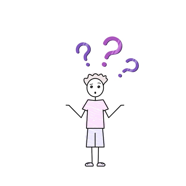 Confused young curly teen boy with purple question marks overhead vector sketch illustration