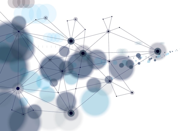 Connected 3d mesh technology and science background. With blurred defocused round lights texture. Vector abstract virtual particles structure.