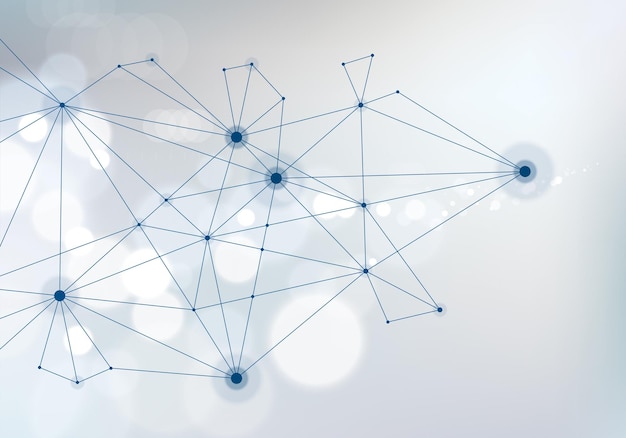 Connected 3d mesh technology and science background. With blurred defocused round lights texture. Vector abstract virtual particles structure.