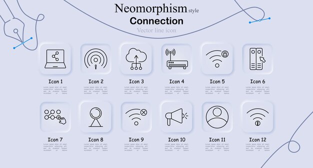 Connection icon set in neomorphism style Laptop signal cloud network WiFi router connectivity technology digital interface vector line art