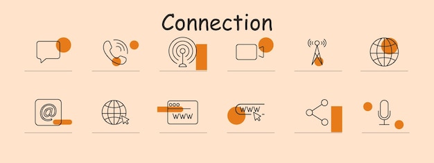 Connection set icon Chat bubble phone call wifi signal video call antenna globe email web address click link share microphone Communication networking internet