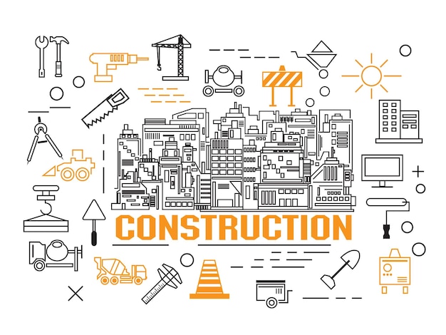 construction icons set and building line