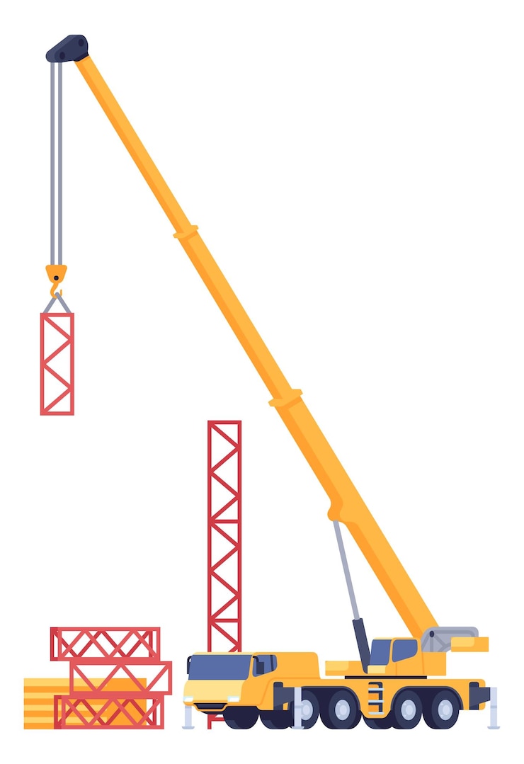 Vector construction process residential house building industrial crane lifting armature for foundation city architecture unfinished skyscraper real estate engineering vector concept