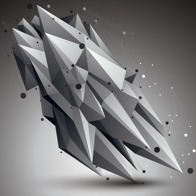 Contemporary technology black and white stylish architectural construction, abstract 3d figure with connected lines and dots.
