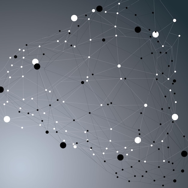 Contemporary technology black and white stylish futuristic construction, abstract 3d figure with connected lines and dots.