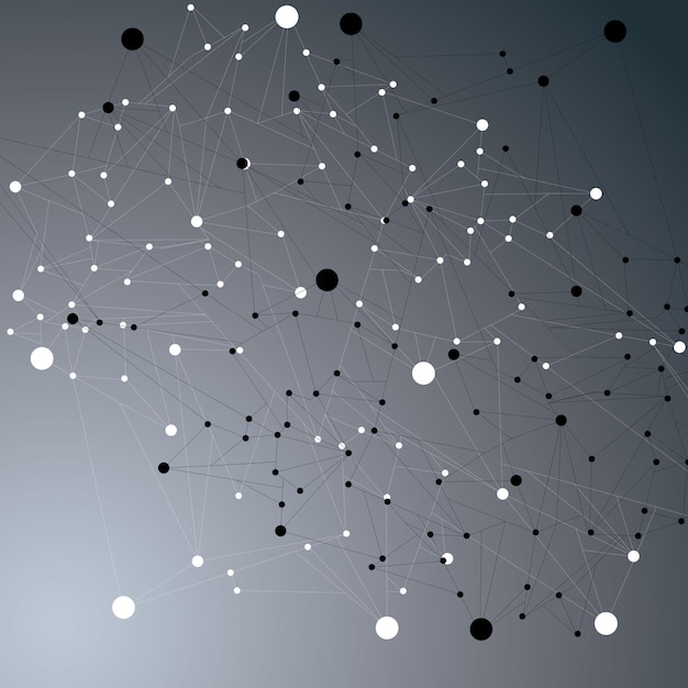 Contemporary technology black and white stylish futuristic construction, abstract 3d figure with connected lines and dots.