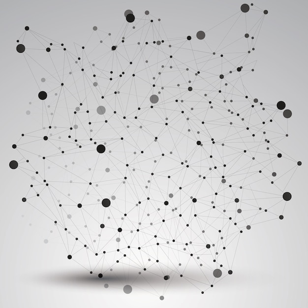 Contemporary technology black and white stylish futuristic construction, abstract vector 3d figure with connected lines and dots.
