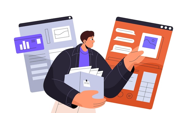 Content manager upload data in web app website Worker add photo in online chat Designer update digital product interface Man hold box with information Flat isolated vector illustration on white