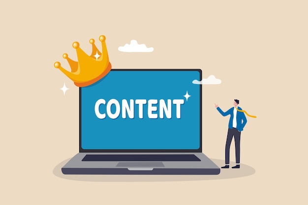 Content strategy for advertising and marketing brand communication or social media idea customer engagement concept businessman standing with computer with the word content wearing crown