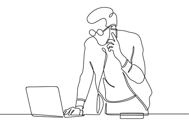 continuous line drawing of businessman working on laptop and talking on phone