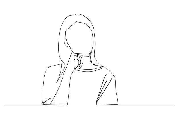 continuous line drawing of thinking lady standing isolated